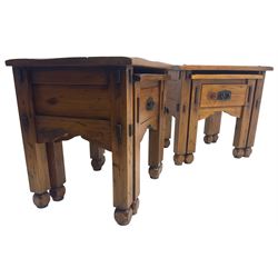 Pair of hardwood nesting lamp tables, rectangular top on square supports, the smaller table fitted with drawer