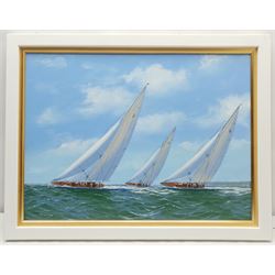 George Drury (British 1950-): J Class Yachts 'Velsheda' 'Endeavour' and 'Shamrock V 1935', oil on canvas board signed, titled verso 42cm x 57cm