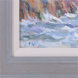 Christine M Pybus (British 1954-): 'Winter Surfing at Sandsend', oil on board signed 29cm x 36cm 