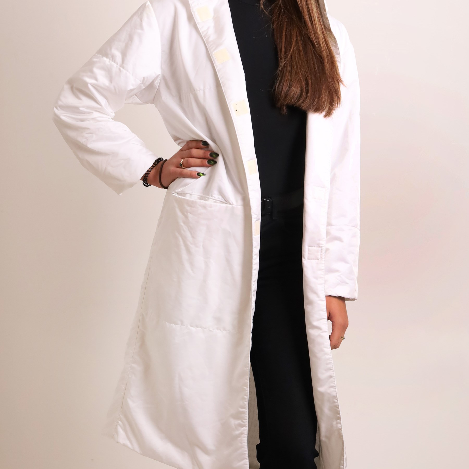 Fendi Jeans – vintage white hooded coat, lightweight polyester fabric woven with tonal Fendi Jeans monogram, with concealed Velcro fastening, integral hood, side pockets and matching white lining, made in Italy, size IT 44