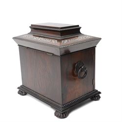 Early Victorian rosewood and mother of pearl inlaid sewing, jewellery, and writing casket  with hinged lid, the upper section fitted for sewing implements, above four drawers, the bottom drawer with writing slope and on compressed fluted feet H36cm x W34cm