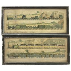 After Moses Bruin Cotsworth (British 1859–1943): 'Travelling on the Liverpool and Manchester Railway - 1831' Plates I & III, pair colour lithographs pub. Raphael Tuck & Sons 1894, 24cm x 62cm