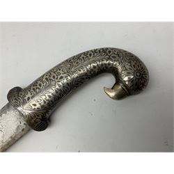 Indian Khanjar dagger with 28cm curving damascus steel blade inlaid with silver floral emblem, white metal and niello style grip in the form of a bird's head with pronounced beak and matching scabbard L44cm overall