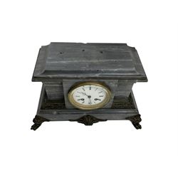 French -  8-day grey slate marble mantle clock c1890, flat topped break front case on a rectangular plinth raised on paw feet, with an enamel dial, Roman numerals, minute markers and steel moon hands, rack striking Parisian movement striking the hours and half hours on a bell. With key and pendulum.