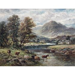 Scottish School (19th/20th century): River Scene with Cattle Watering, oil on canvas board unsigned 34cm x 44cm