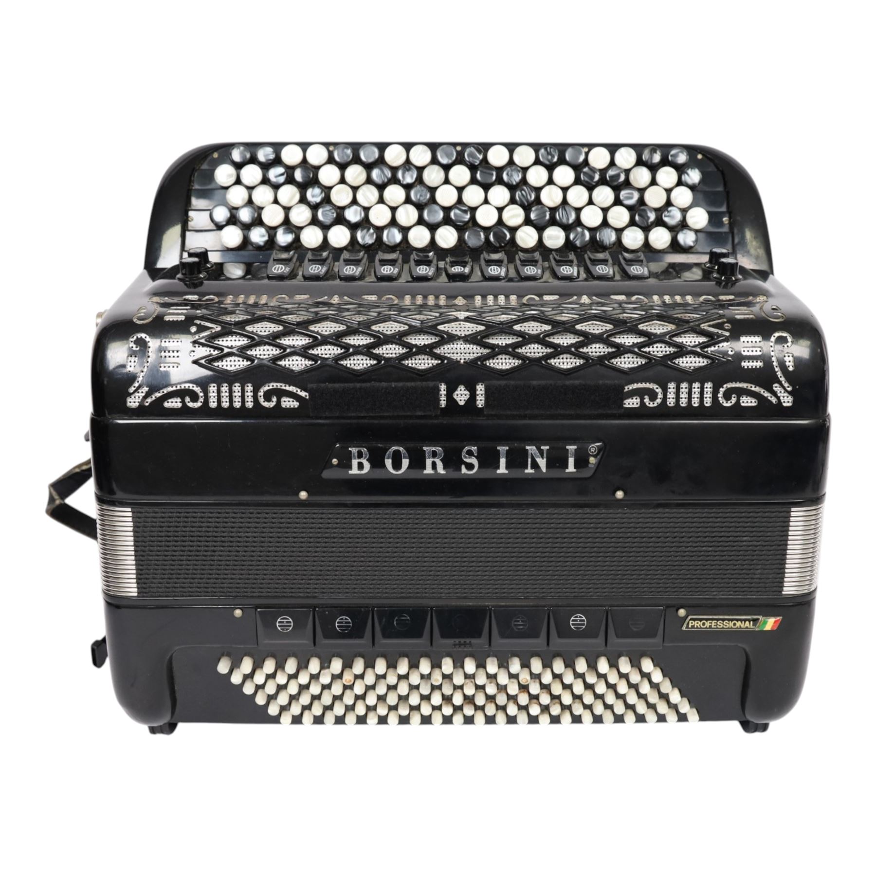 Borsini Professional 5-Row Chromatic button accordion, with 92 chromatic buttons and 120 bass buttons, in black high gloss case, with carry strap and original hard carrycase