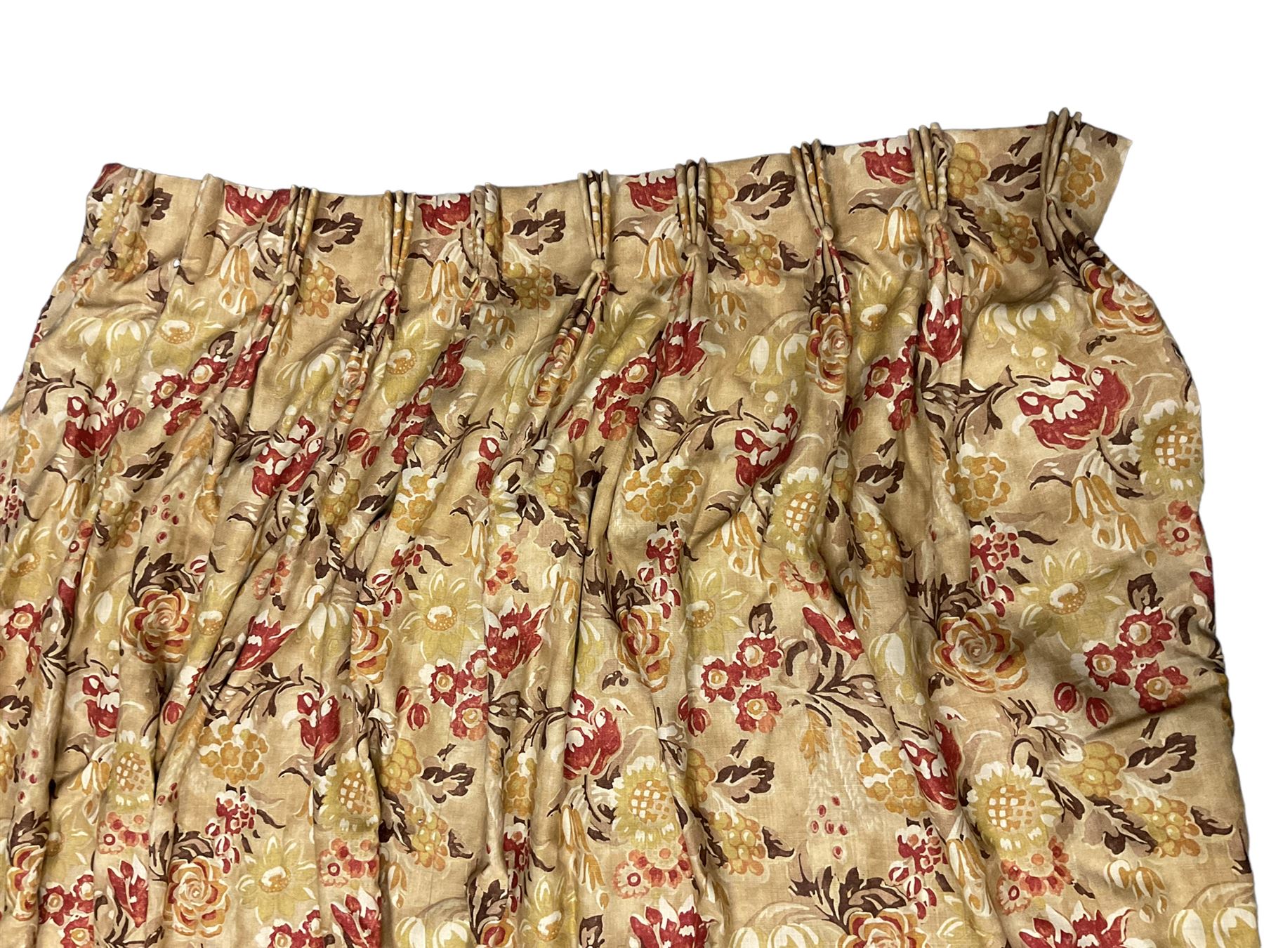 Zoffany - pair thermal lined and pleated curtains in floral fabric (W100cm, H120cm), and a single curtain (W120cm, H290cm), (3 curtains total, width at pleat)