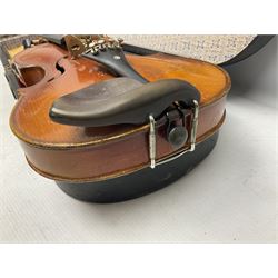 German trade violin c1900 with 36cm one-piece maple back and ribs and spruce top L59cm overall; in ebonised wooden 'coffin' case with bow
