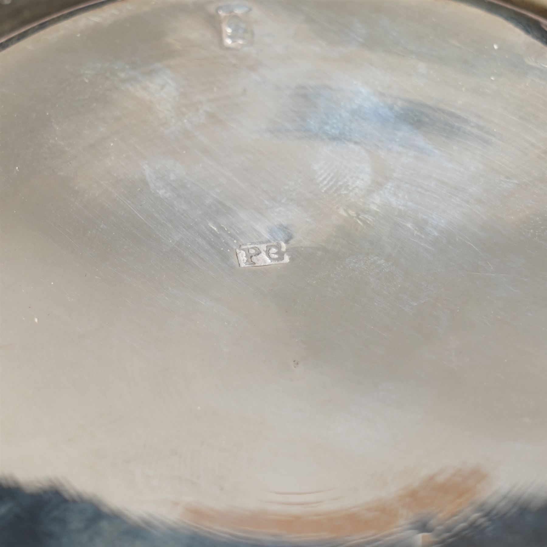 Early 19th century silver wine funnel with small circular stand engraved with a crest, makers mark on stand PG