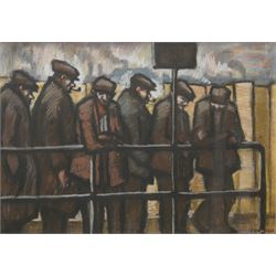 Norman Stansfield Cornish (Northern British 1919-2014): Factory Workers Smoking at the Bus Stop, pastel on paper signed 40cm x 58cm