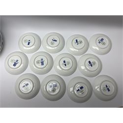 Royal Copenhagen tea and dinner service for twelve place settings, decorated in the Mega Blue Fluted pattern, pattern number 622, comprising dinner plates, salad plates, bowls with pierced rim, smaller bowls, tea cups, and saucers, dinner plates D27.5cm, salad plates D22cm