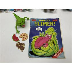 Five 1980s LJN Thundercats figures - Lion-O with sword, Snowman, S-S-Slythe, Tygra and Mumm-Ra; all re-bagged on original backing cards; partially stocked Panini sticker album; story cassette tape and three catalogues; together with Ghostbusters Slimer with food and Comic