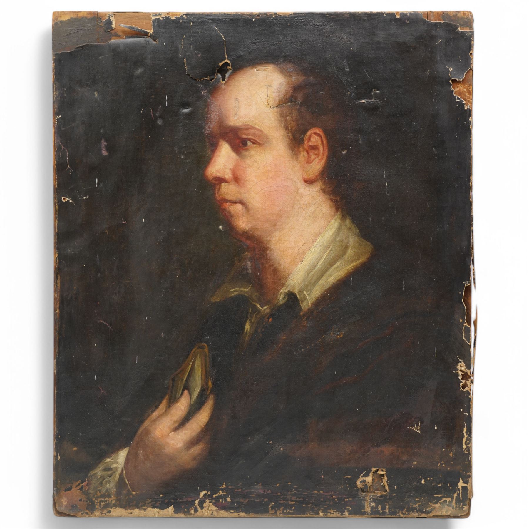 Circle of Sir Joshua Reynolds (British 1723-1792): 'Portrait of Oliver Goldsmith', late 18th to early 19th century oil on canvas inscribed 'Reynolds - Portrait of Oliver Goldsmith' on label verso 60cm x 50cm (unframed)