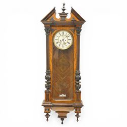 Late 19th century Vienna regulator wall clock with 19cm dial in walnut case with broken arch pediment and brass weights H128cm 