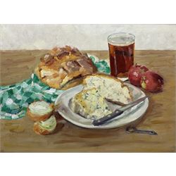 Catherine Tyler (British 1949-): 'Still Life - Ploughman's Lunch', oil on board signed, titled verso 47cm x 63cm