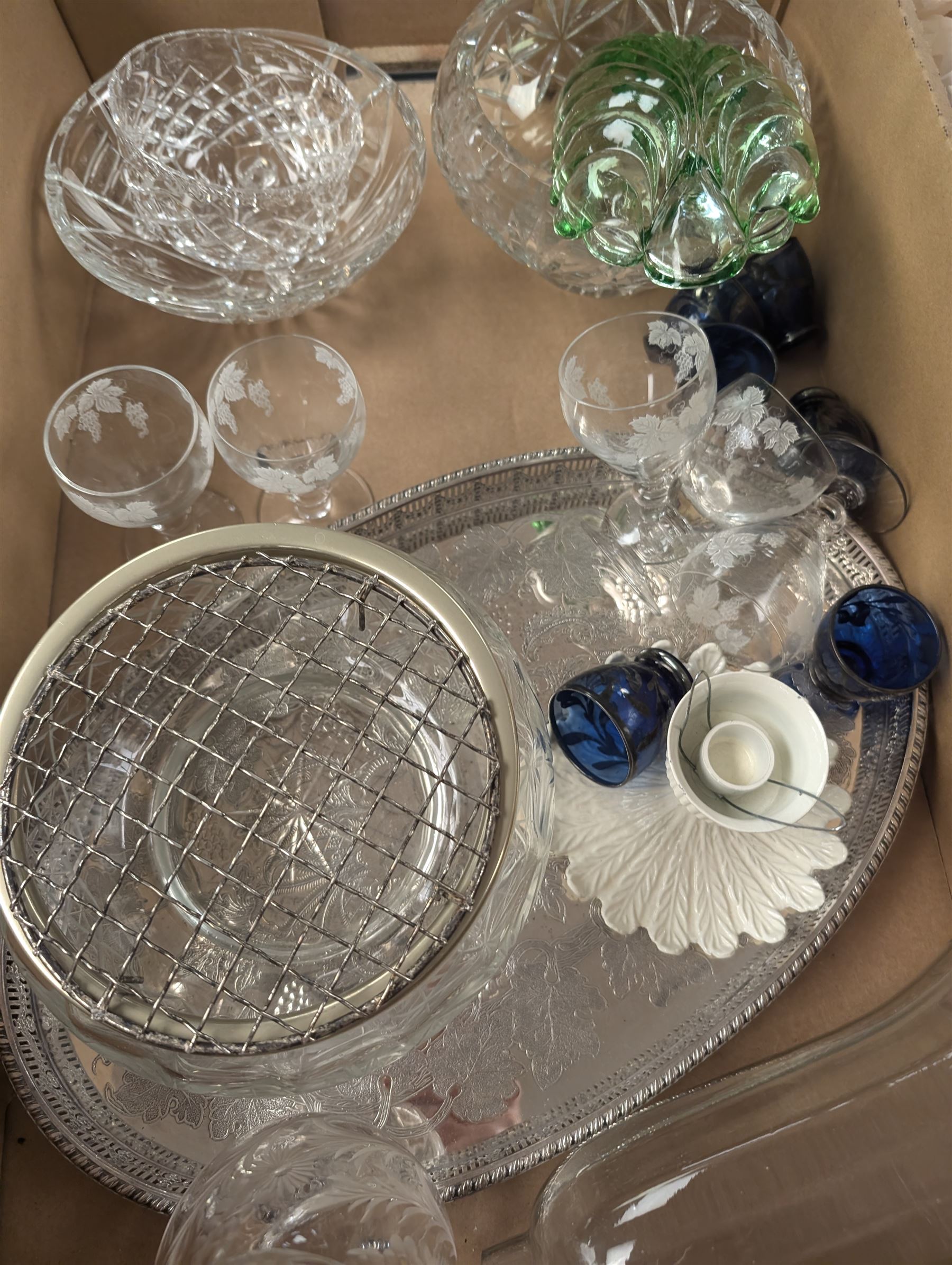 Clear glass epergne, silver plated tray, and a collection of cut and coloured glass ware, in two boxes