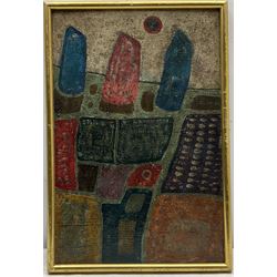 John Christopherson (British 1921-1996): 'Landscape with Black Sun', textured oil on board, inscribed titled and dated 23rd May 1962 with artist's address labels verso 45cm x 30cm