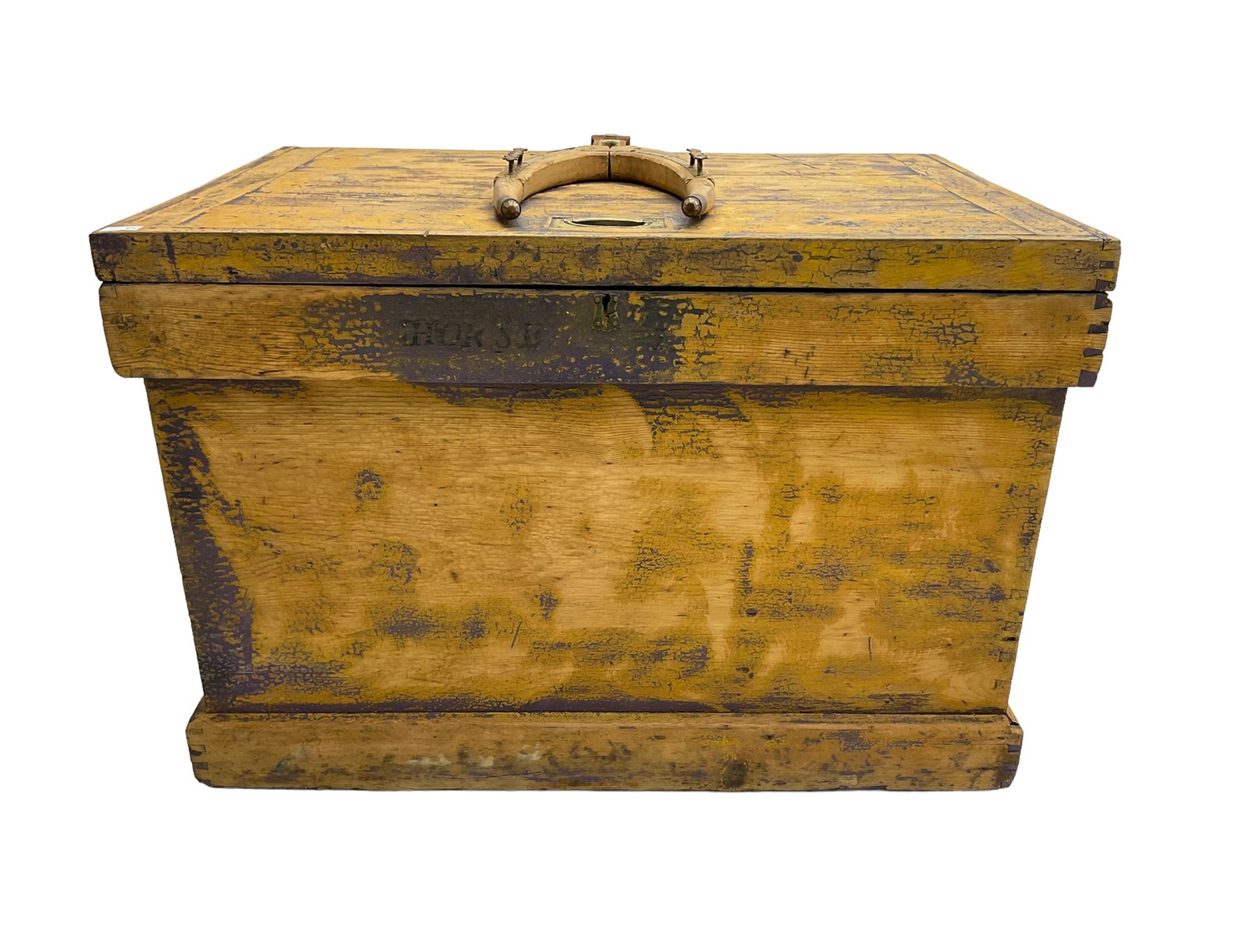 19th century scumbled pine horse tack storage box with yoke atop lid, and 'horse' inscribed on front