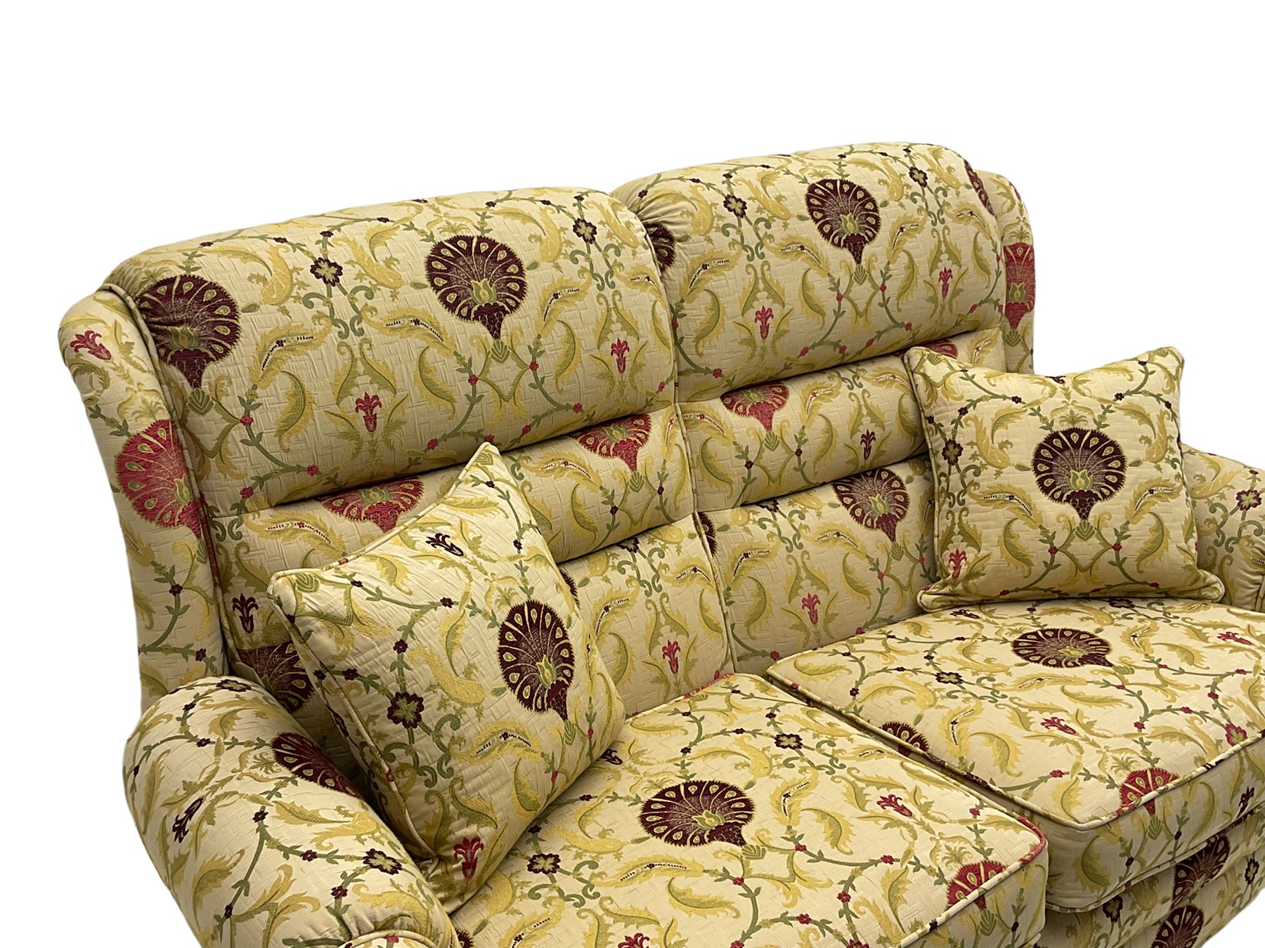 Vale Bridgecraft - Langfield two seat sofa, upholstered in Agra Cranberry fabric, mahogany feet, with David Gundry scatter cushions