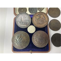 Coins, tokens, paranumismatic and miscellaneous items, including United States of America 1850 one cent, 1877 one dime, 1884 five cents, 1926 Liberty dime etc, Queen Victoria New Brunswick 1843 one penny token, East India Company 1845 half anna, Chinese cash coins, Grand Lodge of Maryland November 16th 1886 Centennial Session medallion etc