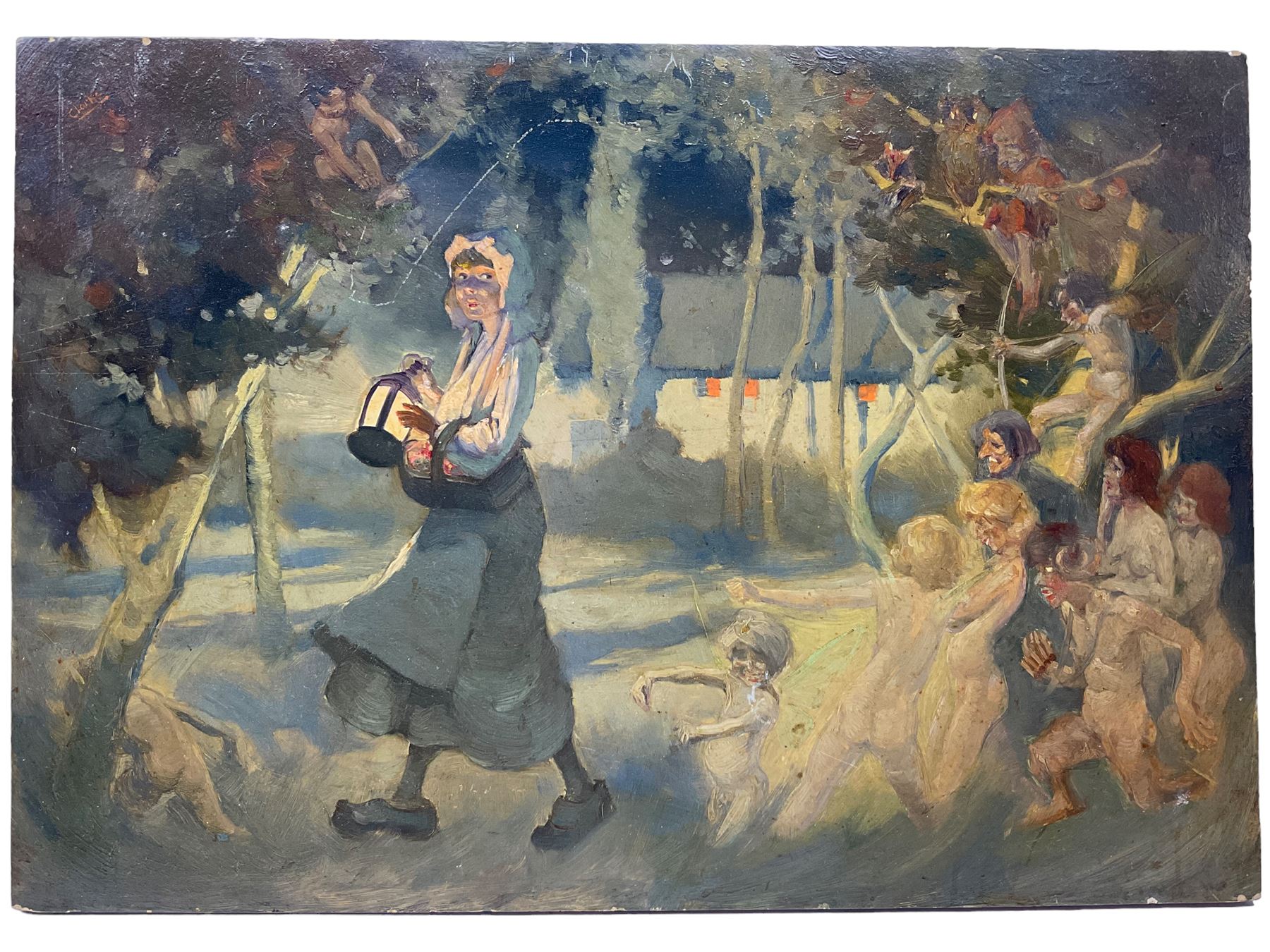 Richard Edward Clarke (British 1878-1954): 'The Haunted Orchard', oil on panel signed, original title label with artist's Scarborough address verso 35cm x 51cm (unframed) 
Notes: Clarke, born in Scarborough, studied under Albert Strange at the Art School where later he became acting Headmaster, also teaching at Pickering Grammar School.