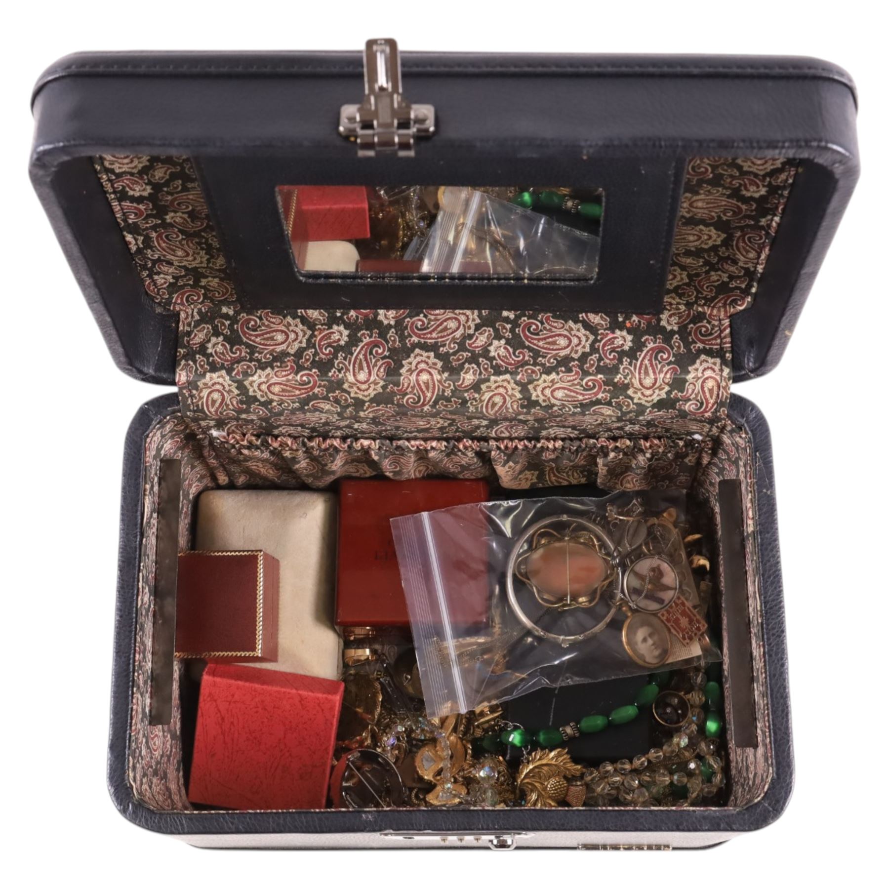 9ct gold jewellery, including five charms, signet ring and ring shank, silver jewellery including bangle, ingot, ARP badge and a collection of costume jewellery in jewellery box