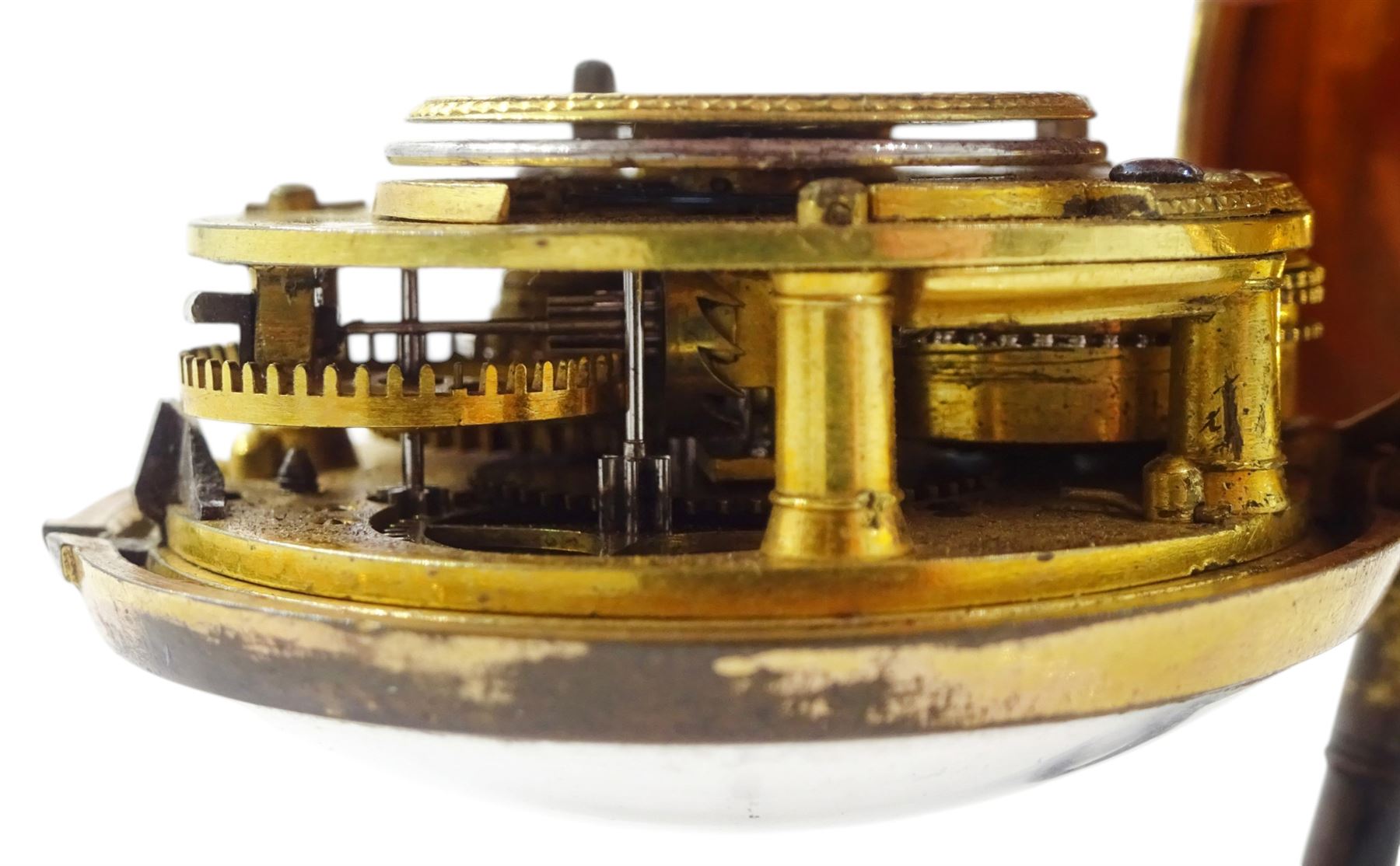 George III gilt and tortoise shell pair cased verge fusee pocket watch by Samuel Corbett, Hadleigh, No. 583, pierced and engraved balance cock, white enamel dial with Roman hours and outer Arabic minute ring, the tortoiseshell outer case painted with fern decoration