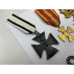 RAOB jewel Bourn Lodge 9394 with 25 years bar; two masonic jewels and triangular pendant watch; British Iron Cross style propaganda medallion; French Legion of Honour and Combatants Cross; and three foreign medals