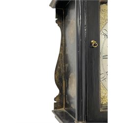 James Bowra of Sevenoaks Kent - 18th century 8-day ebonised longcase clock with gilt decoration c1740, with a flat top, dentil moulding beneath and shaped back splats, break arch hood door flanked by plain pilasters with wooden capitals, long trunk with a curved topped door, on a square plinth with canted corners and raised on a moulded base, brass dial with cast spandrels and a silvered 'Punch' automata to the arch, matted dial centre with seconds ring and date aperture, silvered chapter ring with Roman numerals, five minute Arabics, minute and quarter hour tracks, with matching steel hands and silvered makers name plate, rack striking movement with a recoil anchor escapement, striking the hours on a bell. With weights and pendulum.
