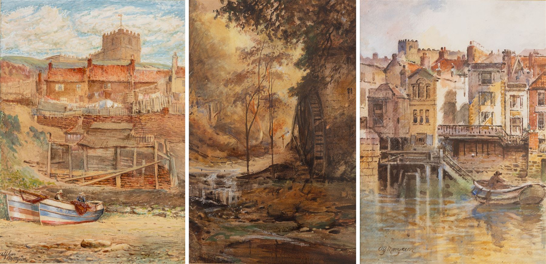 Alfred George Morgan (British 1848-1930): 'The Forge', View of Rigg Mill - Whitby and Distant View of Whitby Castle, set of three watercolours signed max, one titled verso 40cm x 26cm (3)