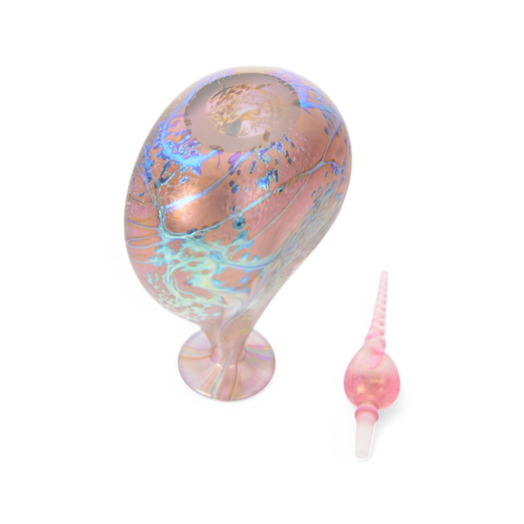 Okra glass scent bottle of ovoid form decorated with iridescent blue design with stylised flowers and leaves, with box, together three other Okra scent bottle with iridescent design, all with original boxes  