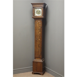  Small early 20th century oak cased longcase clock, barley twist column hood door, engraved square brass dial with silvered Roman chapter ring, triple fusee movement chiming the quarter hours on eight bells, H166cm  