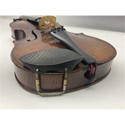 German trade violin c1900 with 35.5cm two-piece maple back and spruce top; bears label 'Made in Germany Apollo Class 6 No.2132' L59cm; in carrying case with two bows