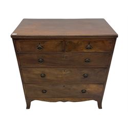 19th century mahogany chest, fitted with two short and three long drawers, splayed bracket feet 