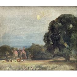 Attrib. Robert Macaulay Stevenson RSW (Scottish 1854-1952): Wooded Landscape with Houses, oil on canvas board signed with monogram 28cm x 33cm