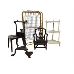 George III mahogany Hepplewhite design child's high chair (H99cm); George III mahogany wash-stand (H79cm); Victorian two tier what-not; folding sprung bed base (4)