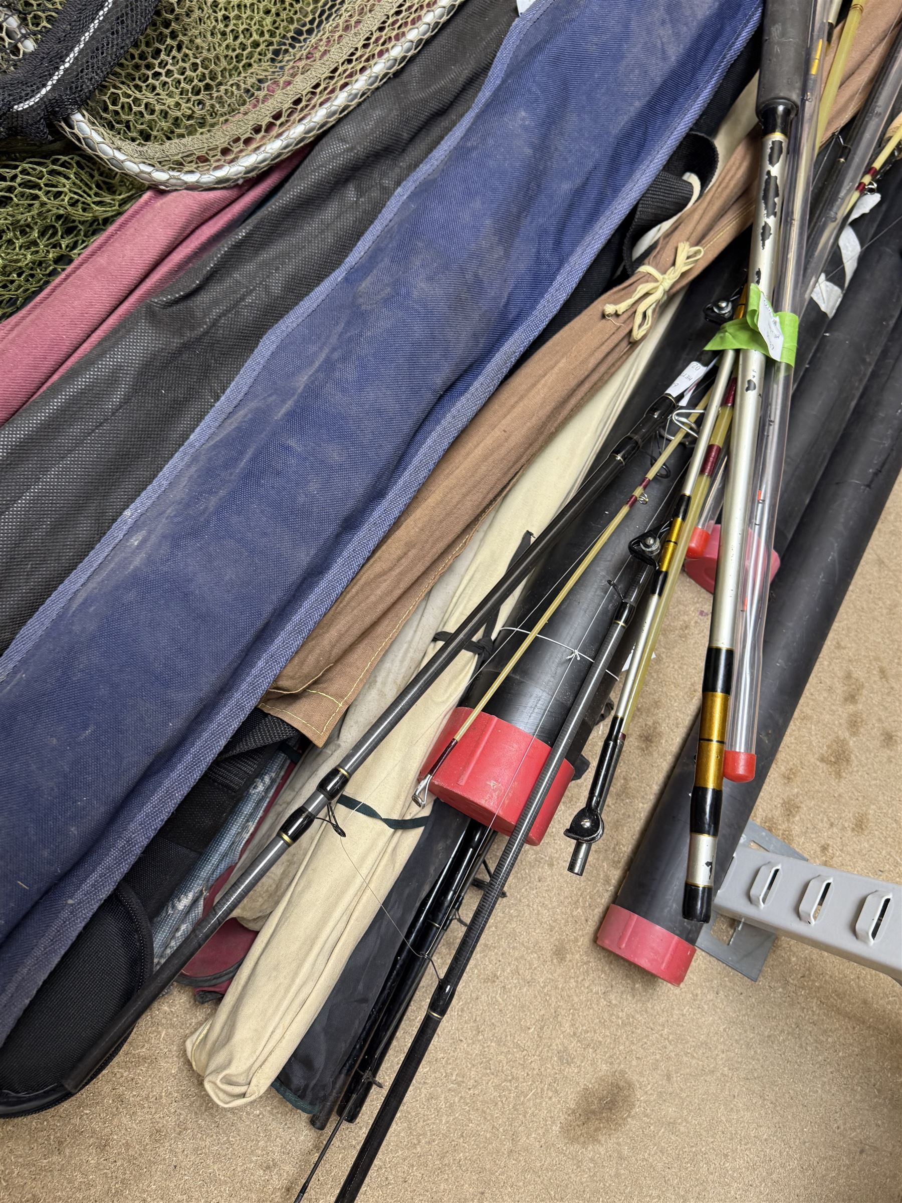 Collection of fishing rods and nets, including Alex Martin Scotia salmon rod, Shakespeare 1650, Allcocks Lucky Strike split cane rod and Chevron Pike 11ft, etc