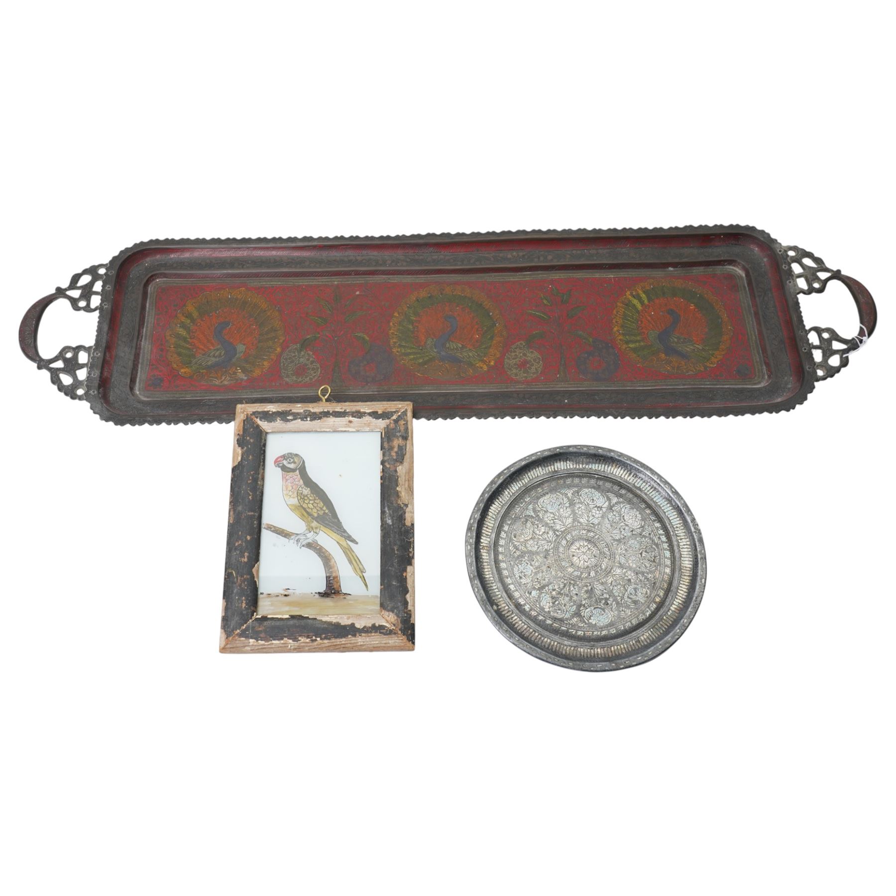 Indian tray from the contents of Worksop manor, reverse glass painting of a parrot, and plate