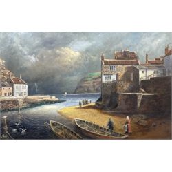 Len 'Leon' Peel (British 20th century): Cobles at Staithes with Stormy Skies, oil on board signed 48cm x 74cm