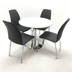  Circular gloss white dining table, chrome finish pedestal base (D90cm, H75cm) and set four dining chairs, upholstered in a gun metal grey fabric on chrome finished supports (W44cm)  