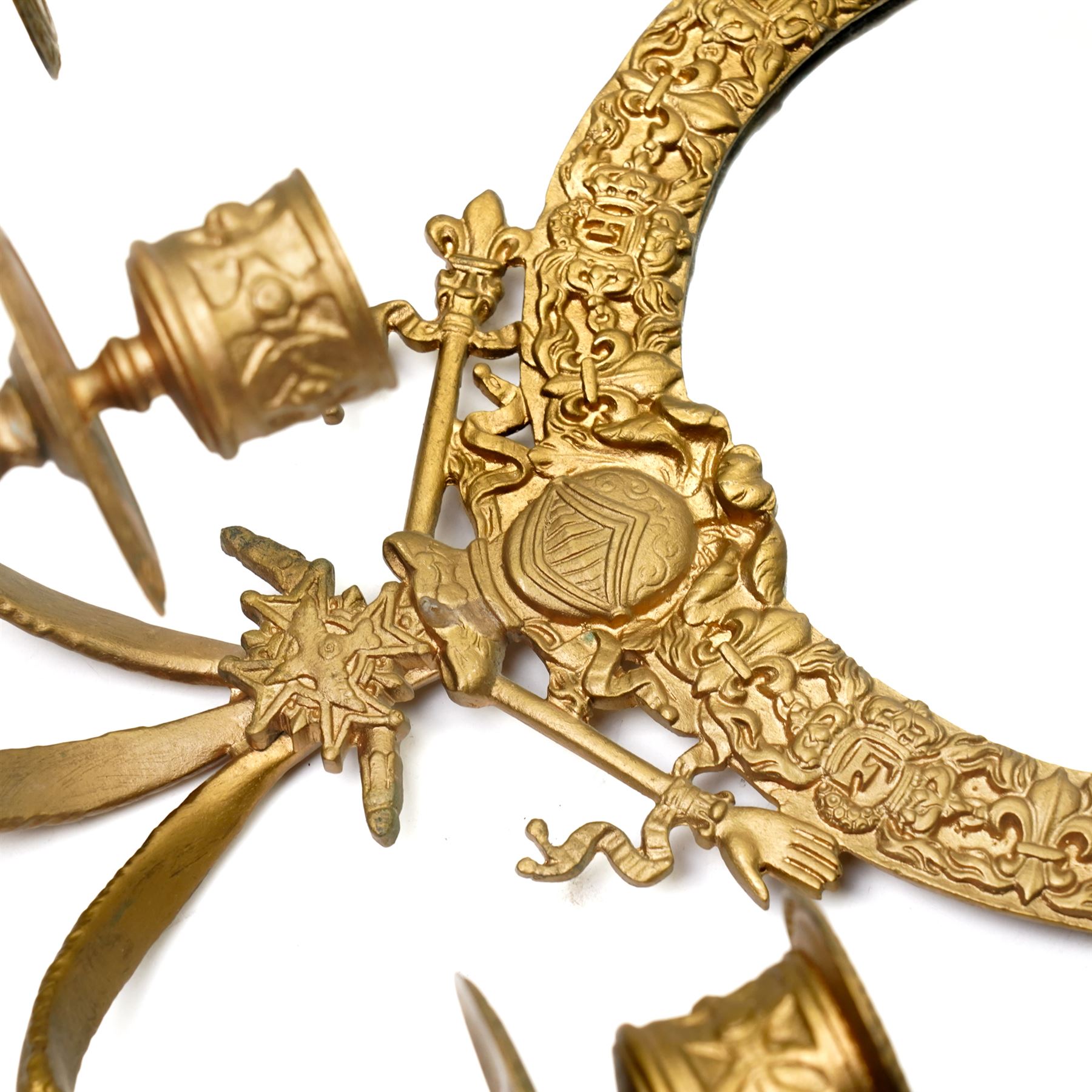 Pair of gilt metal three branch girandole, each surmounted by a coronet, H37cm (2)