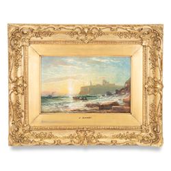 James Francis Danby (Irish 1793-1861): Tynemouth Priory and Castle - a View from the Shore, oil on canvas attributed on the mount, 17cm x 27cm 