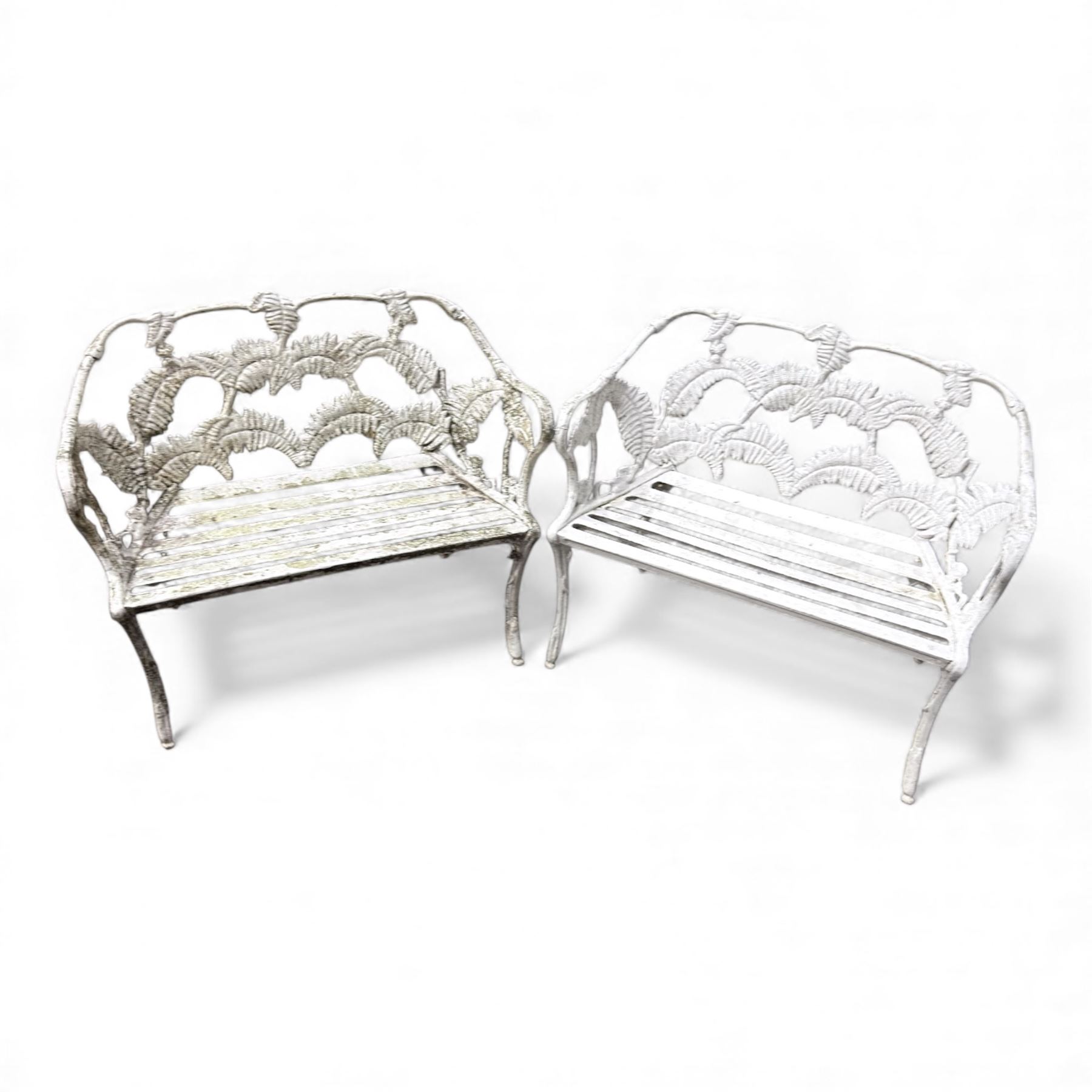 Pair of cast aluminium white painted Coalbrookdale design 'fern and blackberry' garden benches