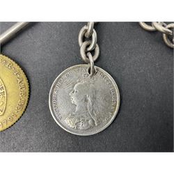 Two Victorian silver Albert chains, each with silver coins, both hallmarked to T bar and clip with lion passant stamped on each link