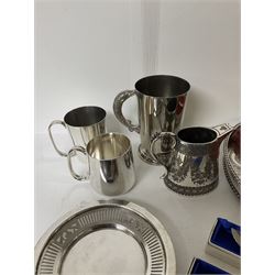 Set of four butter knives, each with silver ferrules, plated jewellery casket, stamped T.E Paris, and other metal ware, including two Walker & Hall presentation mugs, etc
