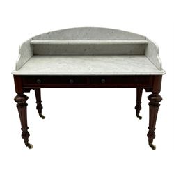 Victorian figured mahogany two-piece bedroom set - the washstand with white and black marble moulded top with arched back and raised shelf, two moulded frieze drawers, on turned and fluted supports with brass and ceramic castors (W123cm, D60cm, H102cm); the dressing table with raised swing mirror in moulded frame with shell and scroll carved pediment, on scrolled horns carved with foliage, four raised trinket drawers over moulded rectangular top, fitted with two drawers, on turned and fluted supports with brass and ceramic castors (W122cm, H177cm, D62cm)