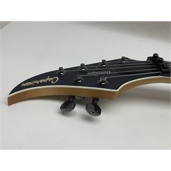 2015 Japanese Caparison Dellinger Prominence hand made boutique rock guitar in spectrum blue with clock inlays and Scaller tremolo; serial no.3200018; L100cm; in fitted case with certificate, registration card, tools etc