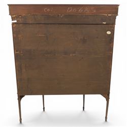 Edwardian inlaid mahogany display cabinet of rectangular canted form, galleried top with crossbanded inlay, above a glazed cabinet enclosing  baize lined shelves, raised on square tapering legs terminating in spade feet  