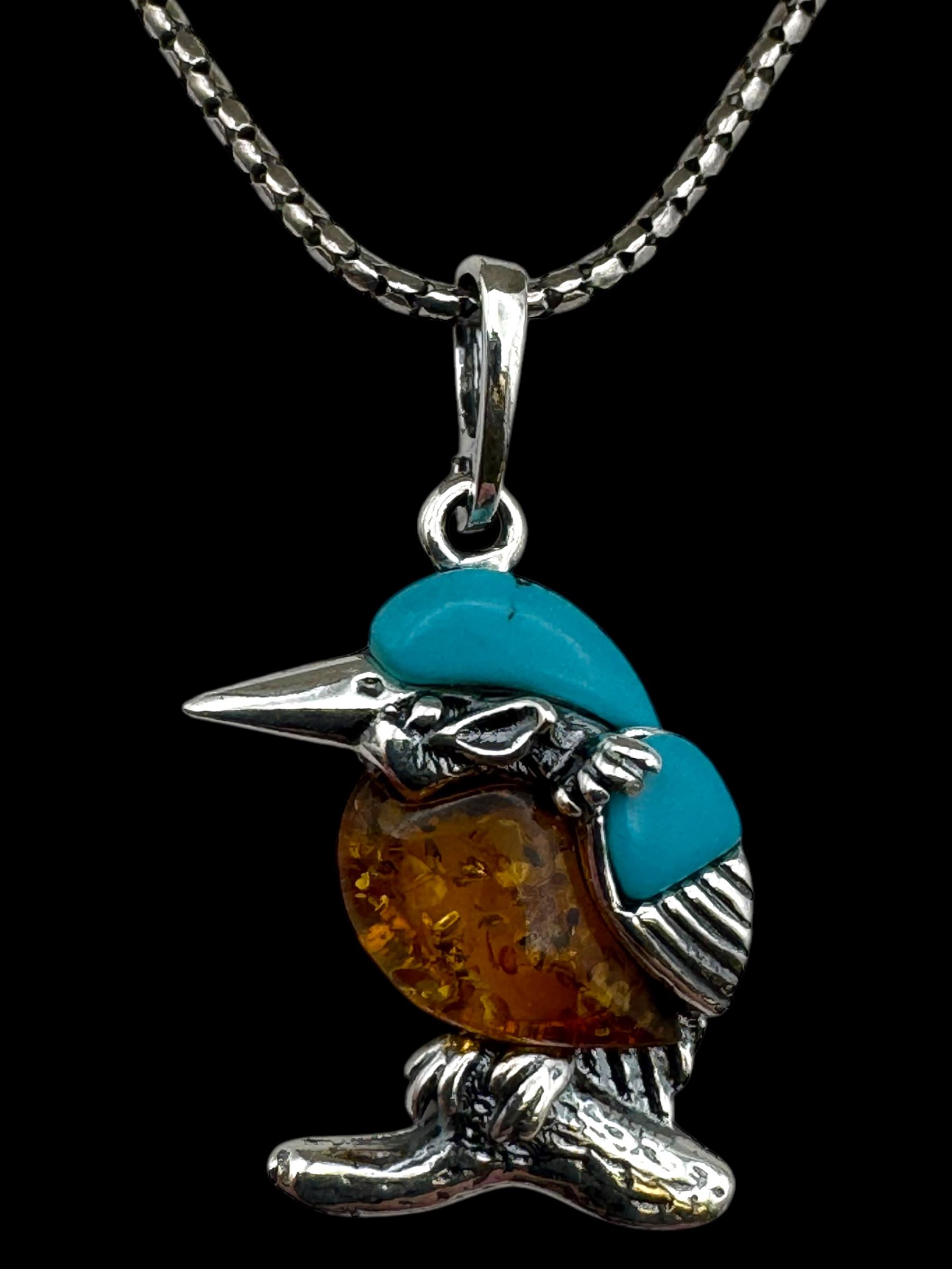 Silver Baltic amber and turquoise kingfisher pendant necklace, boxed