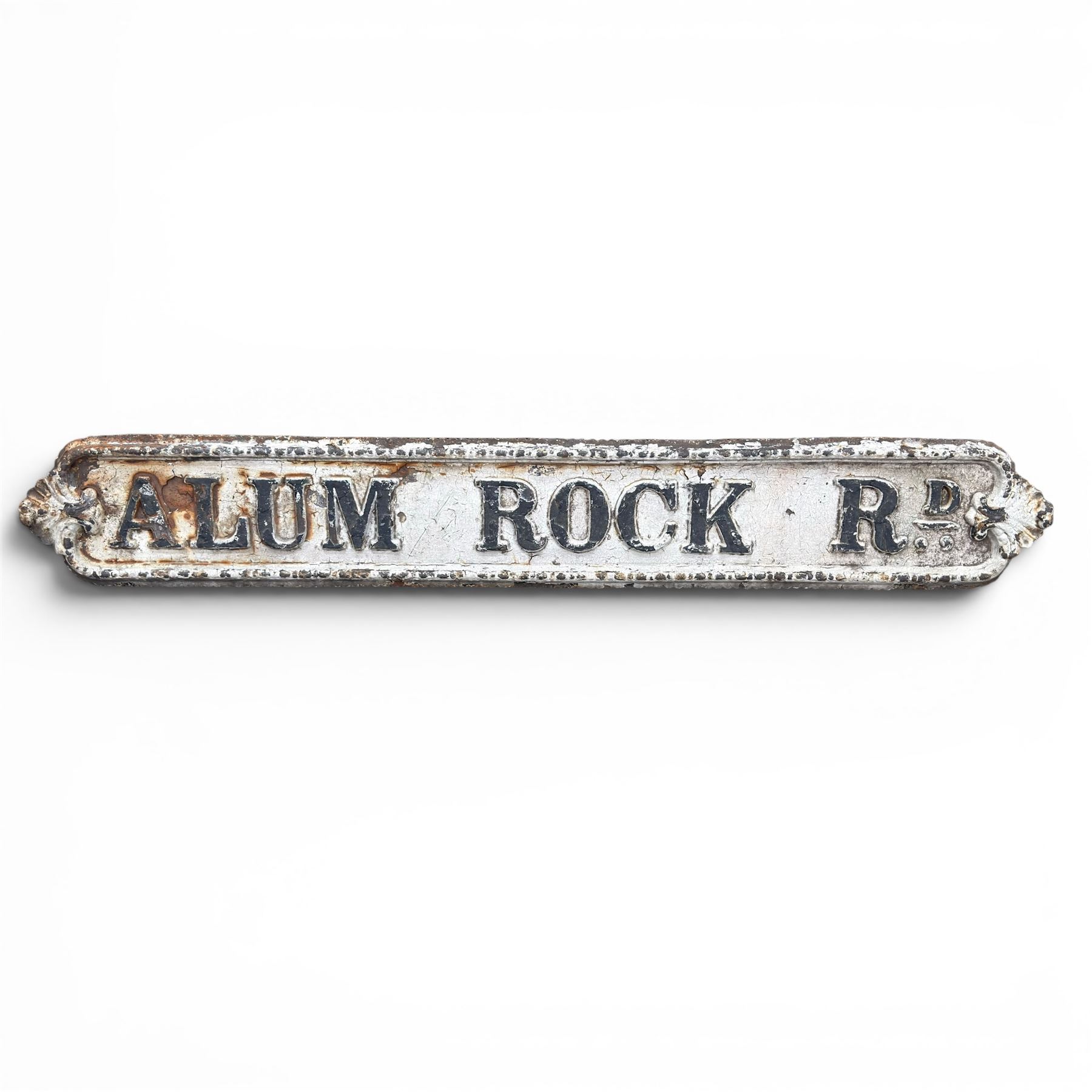 'Alum Rock Rd' - Victorian cast iron street sign, onate design, oval ends with shell motifs